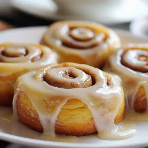 Three Milks Cinnamon Rolls topped with cream and caramel glaze