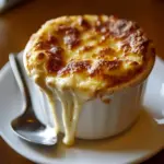 Bowl of creamy Walkabout Onion Cheese Soup topped with melted cheese and onions.