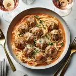 Bowl of Youvarlakia, traditional Greek meatball soup garnished with herbs.
