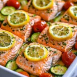 Zesty One Pan Lemon Herb Salmon on a platter with garnishes