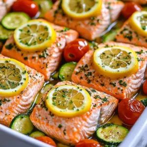 Zesty One Pan Lemon Herb Salmon on a platter with garnishes